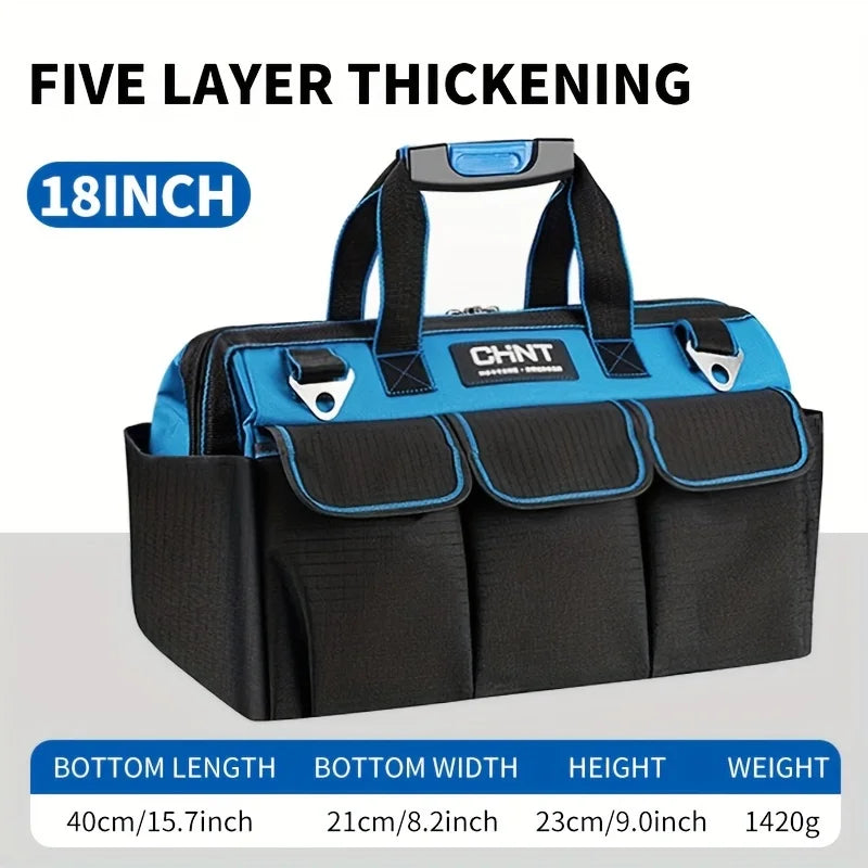 A black and blue five-layer thickening tool bag with handles and multiple pockets, measuring 18 inches.