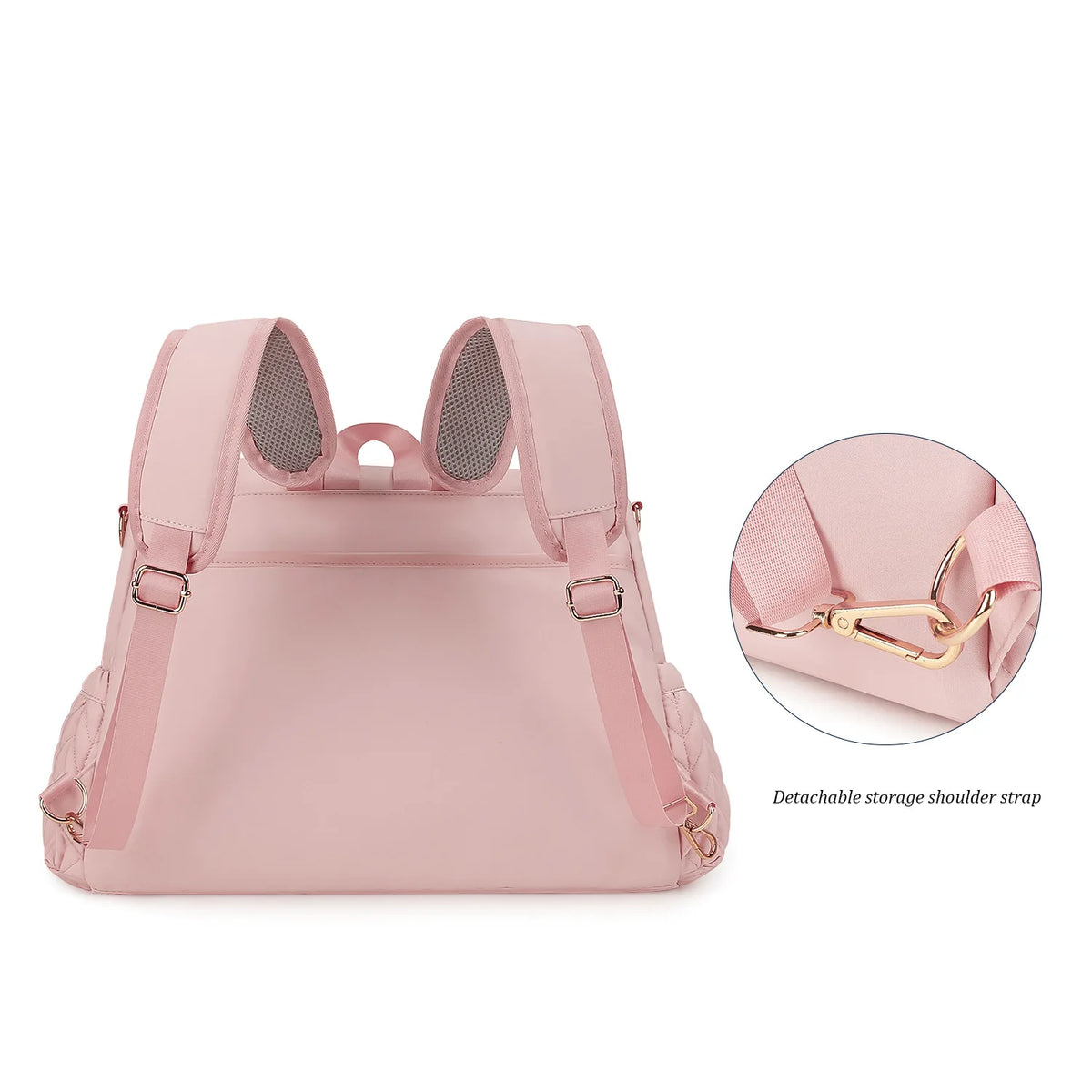 A pink large capacity waterproof diaper bag with detachable shoulder straps shown from the front and a close-up of the strap 