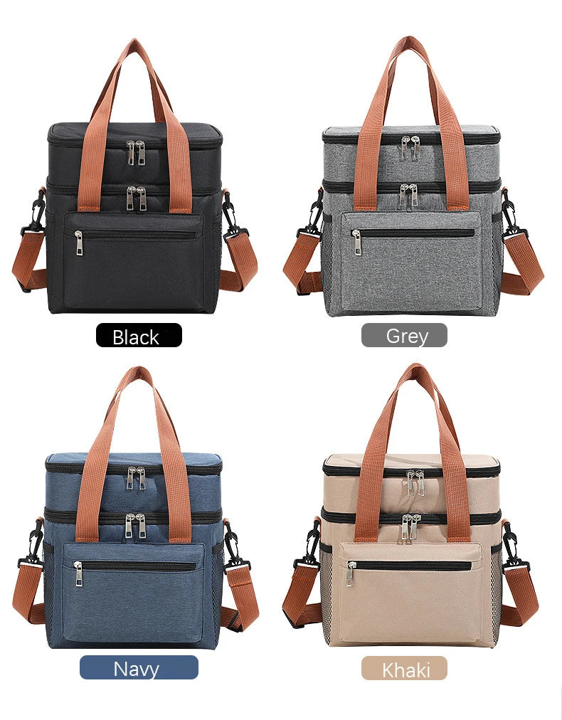 Insulated Double-Layer Lunch Tote with Shoulder Strap