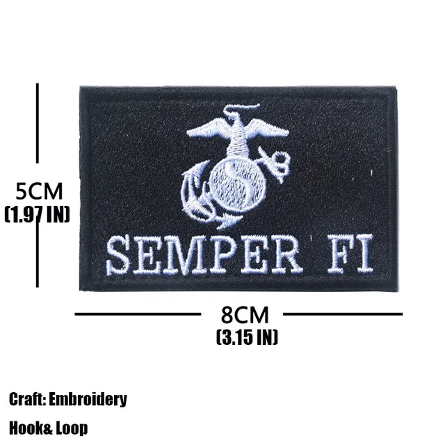 Black embroidered tactical patch featuring an eagle design and the text SEMPER FI