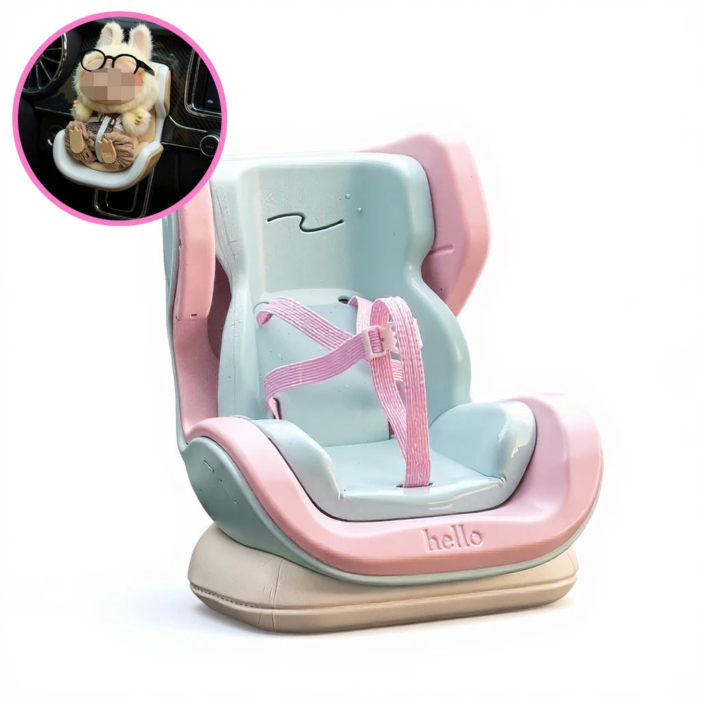 A pink and light blue car seat accessory featuring a storage clip and a Labubu-inspired plush toy.