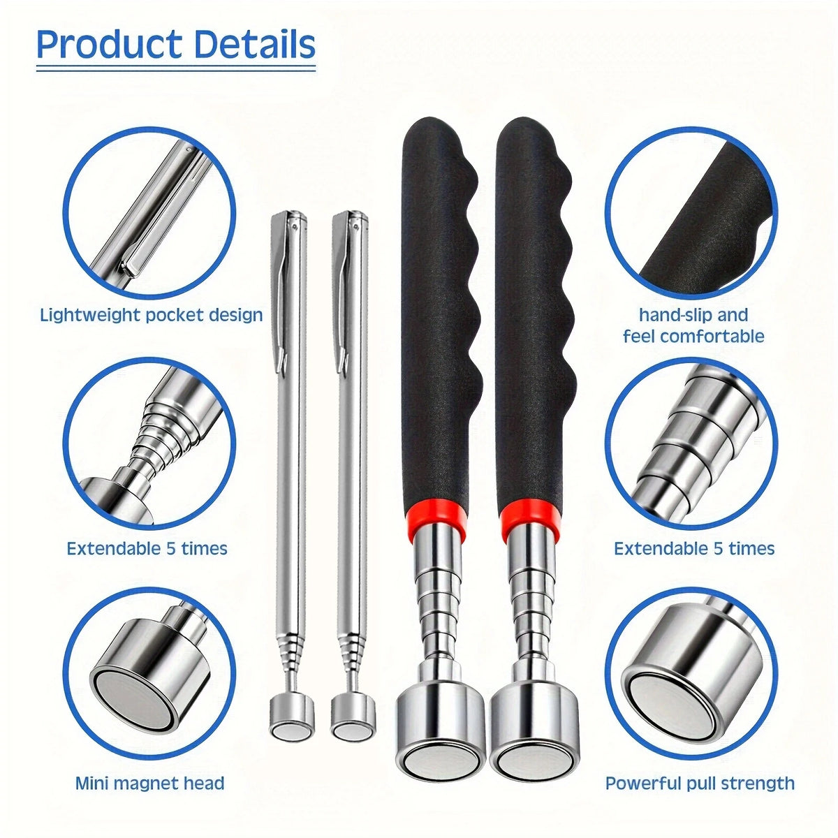 A set of telescopic magnet pickup tools showing various features like lightweight design, extendability, and powerful pull st