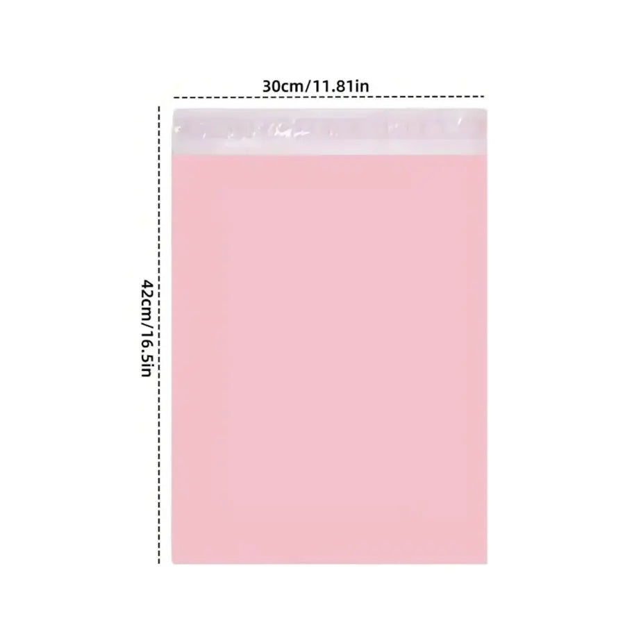A pink self-adhesive waterproof mailing bag measuring 30cm by 42cm.