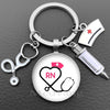 Silver nurse keychain featuring a heart and stethoscope design with the initials RN