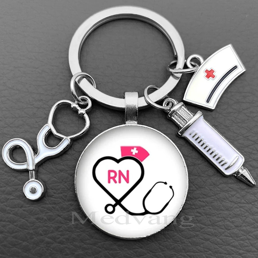 Silver nurse keychain featuring a heart and stethoscope design with the initials RN