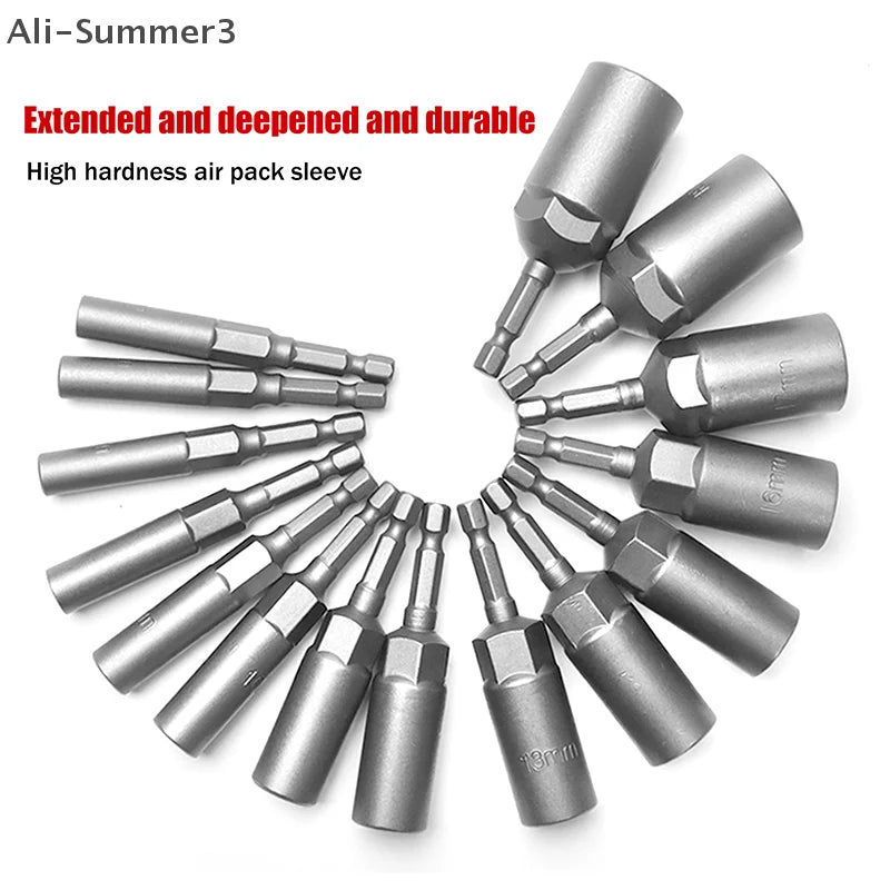 A set of stainless steel nut driver bits ranging from 5.5 to 19mm, featuring extended and deepened sleeves.