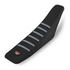 Black ribbed motorcycle seat cover with gray stripes and a Power Zone logo