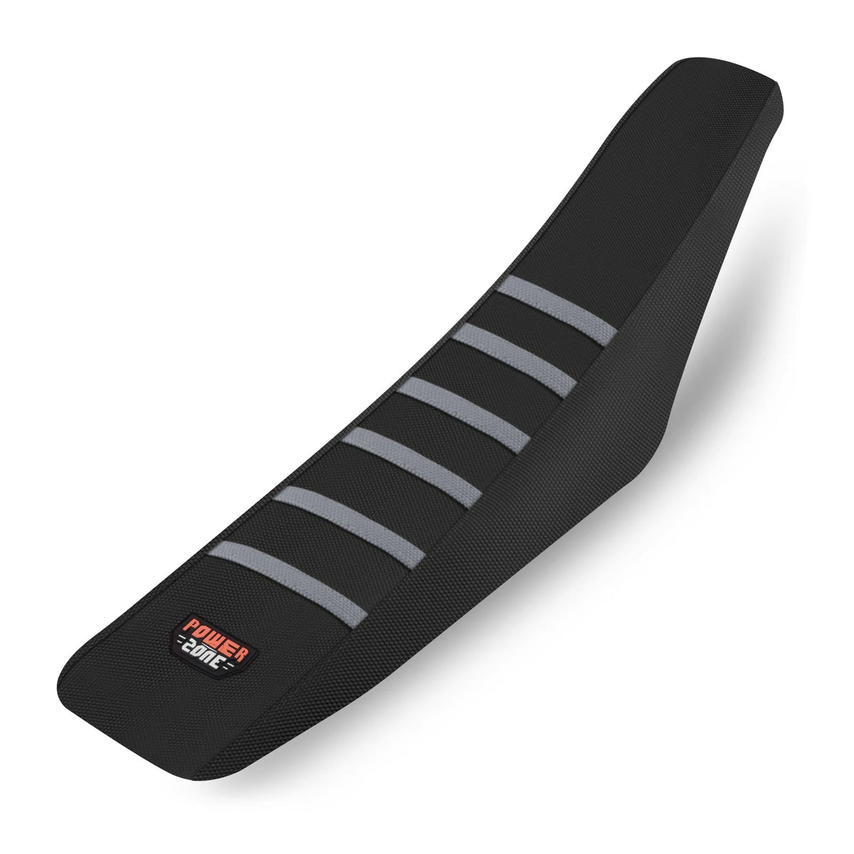 Black ribbed motorcycle seat cover with gray stripes and a Power Zone logo