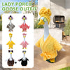 A yellow goose costume outfit featuring a yellow head and body with various accessories.