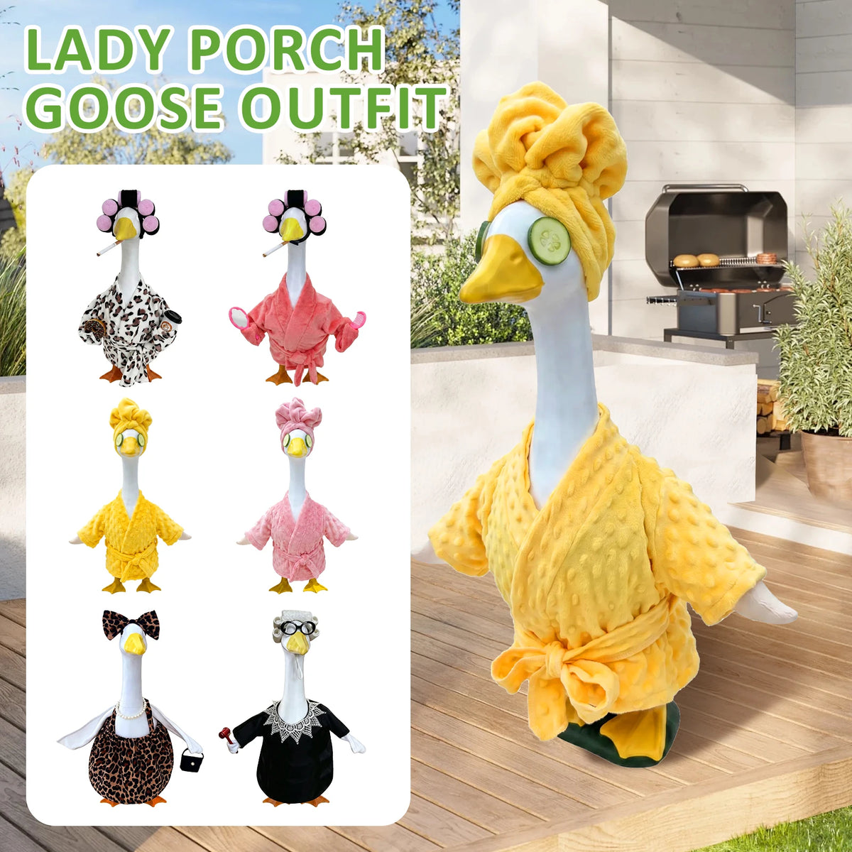 A yellow goose costume outfit featuring a yellow head and body with various accessories.
