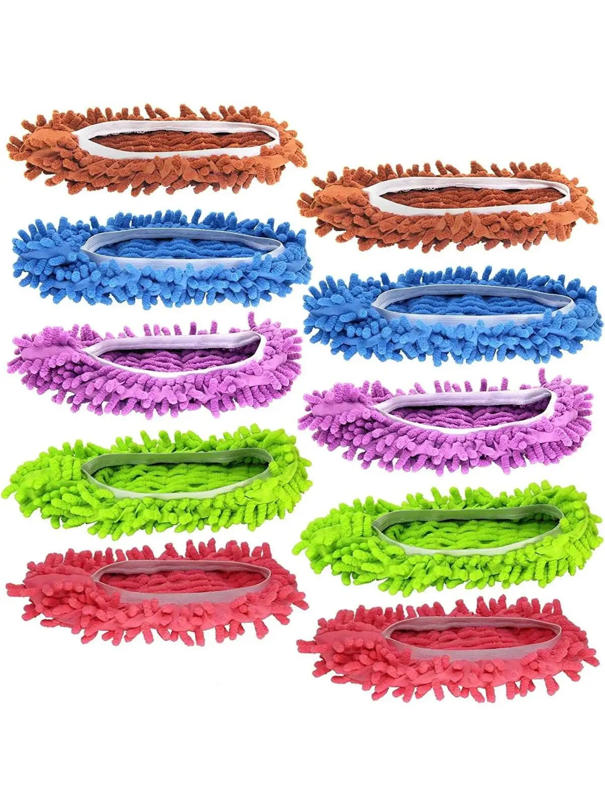 Five pairs of colorful reusable microfiber mop slippers for dusting and cleaning