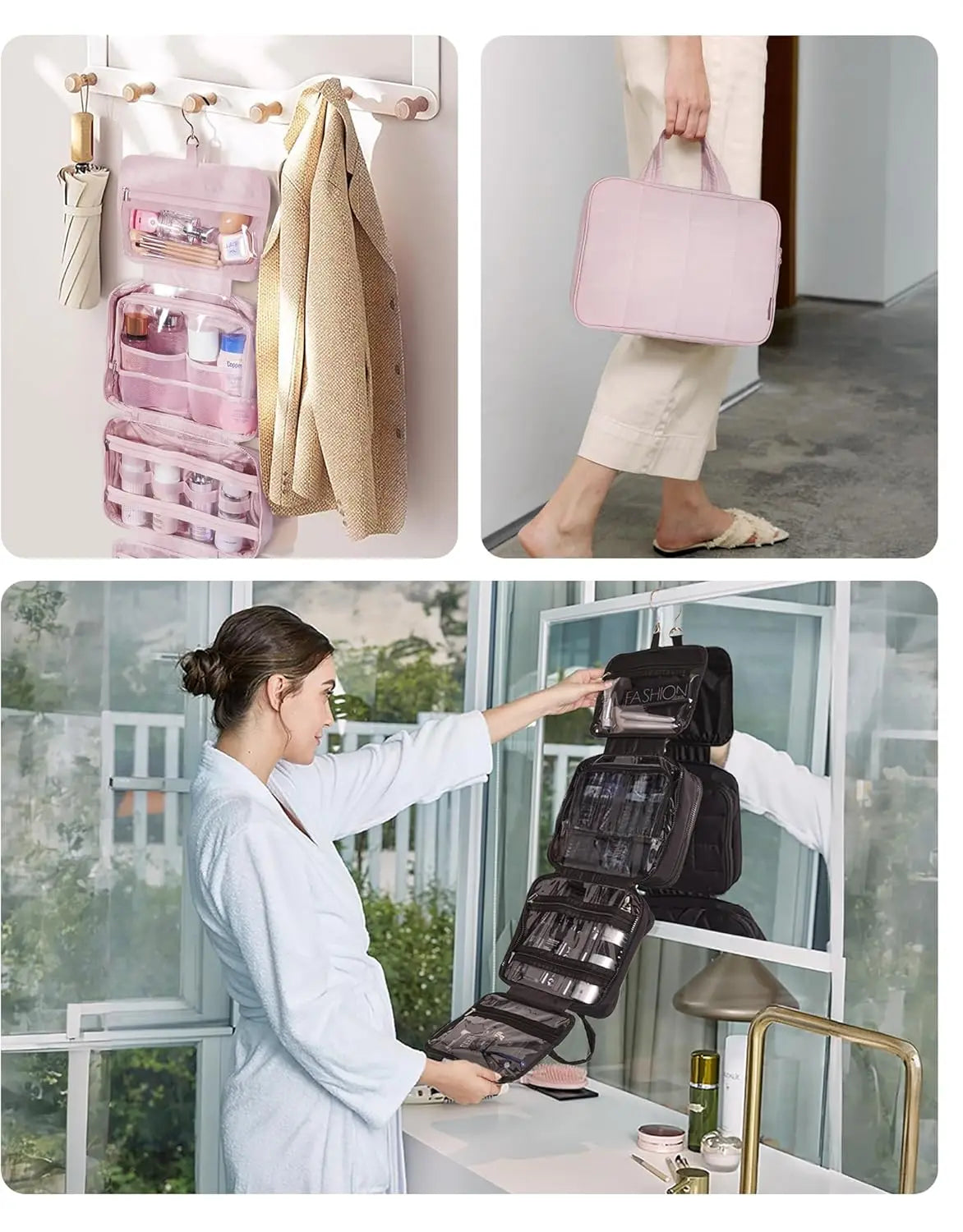 A pink portable hanging toiletry bag is shown on a wall rack and being used by a woman in a bathroom setting.