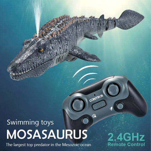 Grauer Mosasaur-Dinosaurier-Spielzeug fliegt vor blauem Hintergrund mit Fernbedienung darunter.