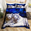 A duvet cover set featuring a pattern of white and blue tigers on a dark blue background.