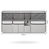 A gray foldable car trunk organizer with seat back storage featuring multiple compartments and a mesh cover.