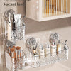 Clear acrylic storage baskets with a water ripple design holding various beauty and grooming products.