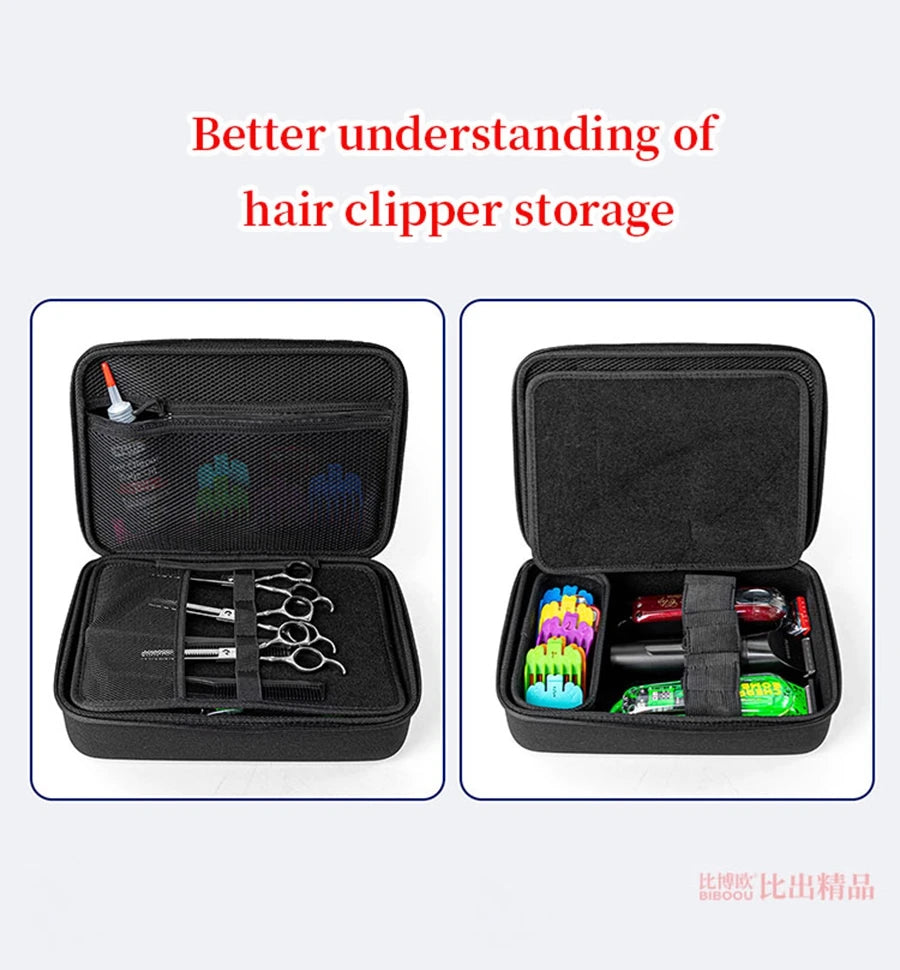 Black hard-shell storage case for hair clippers and accessories, showing various tools inside.