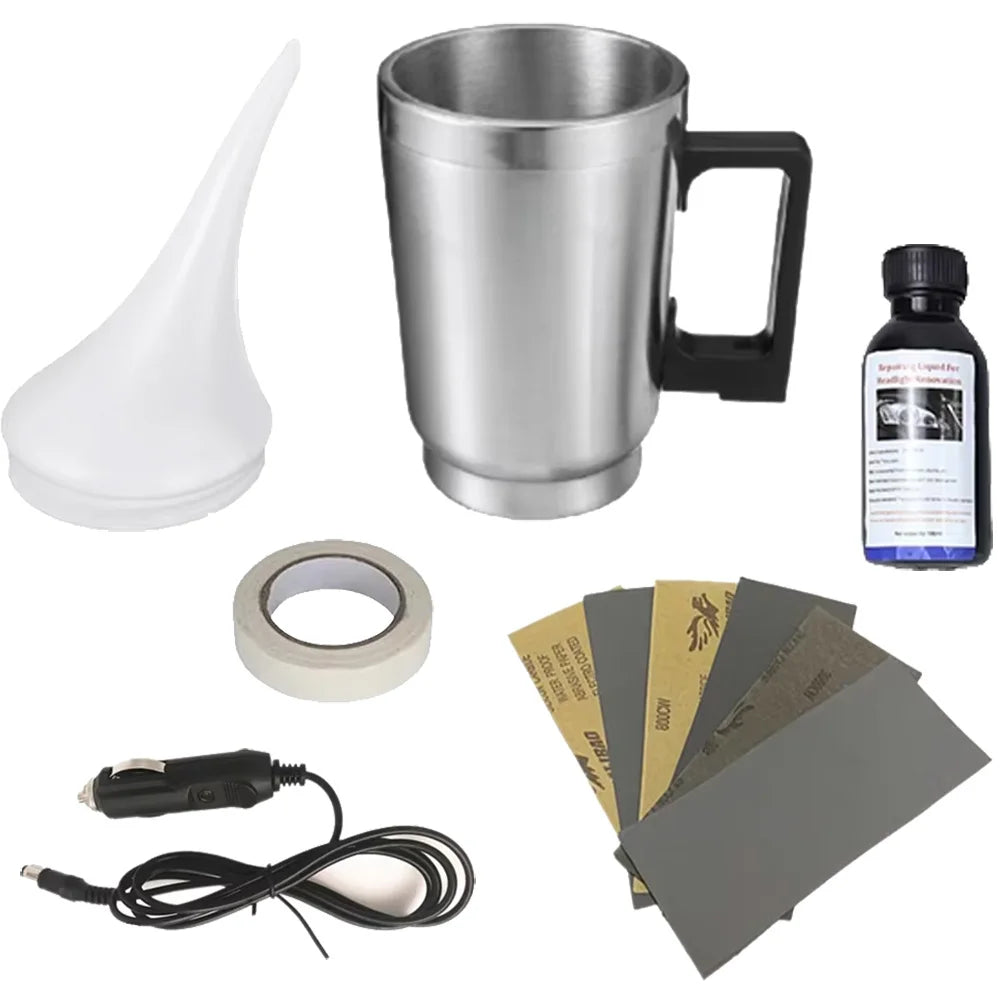 A set of headlight restoration tools including a white atomizer, a metal mug, a lens, and an electronic device.