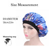 A model demonstrates the size measurement of a satin hair bonnet, showing its diameter and how to measure it.