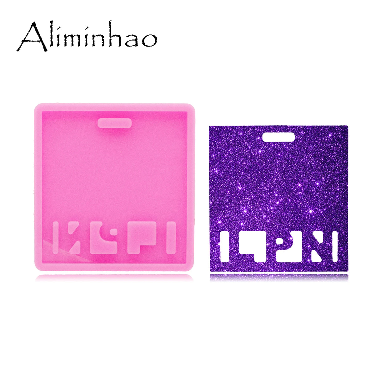 A pink silicone resin mold for badge backings and keychains, next to a purple glitter mold.