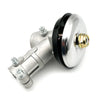 A durable aluminum brush cutter gearbox replacement with a silver body and black housing.
