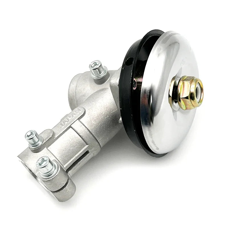 A durable aluminum brush cutter gearbox replacement with a silver body and black housing.