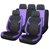 A set of black and purple universal honeycomb mesh car seat covers.