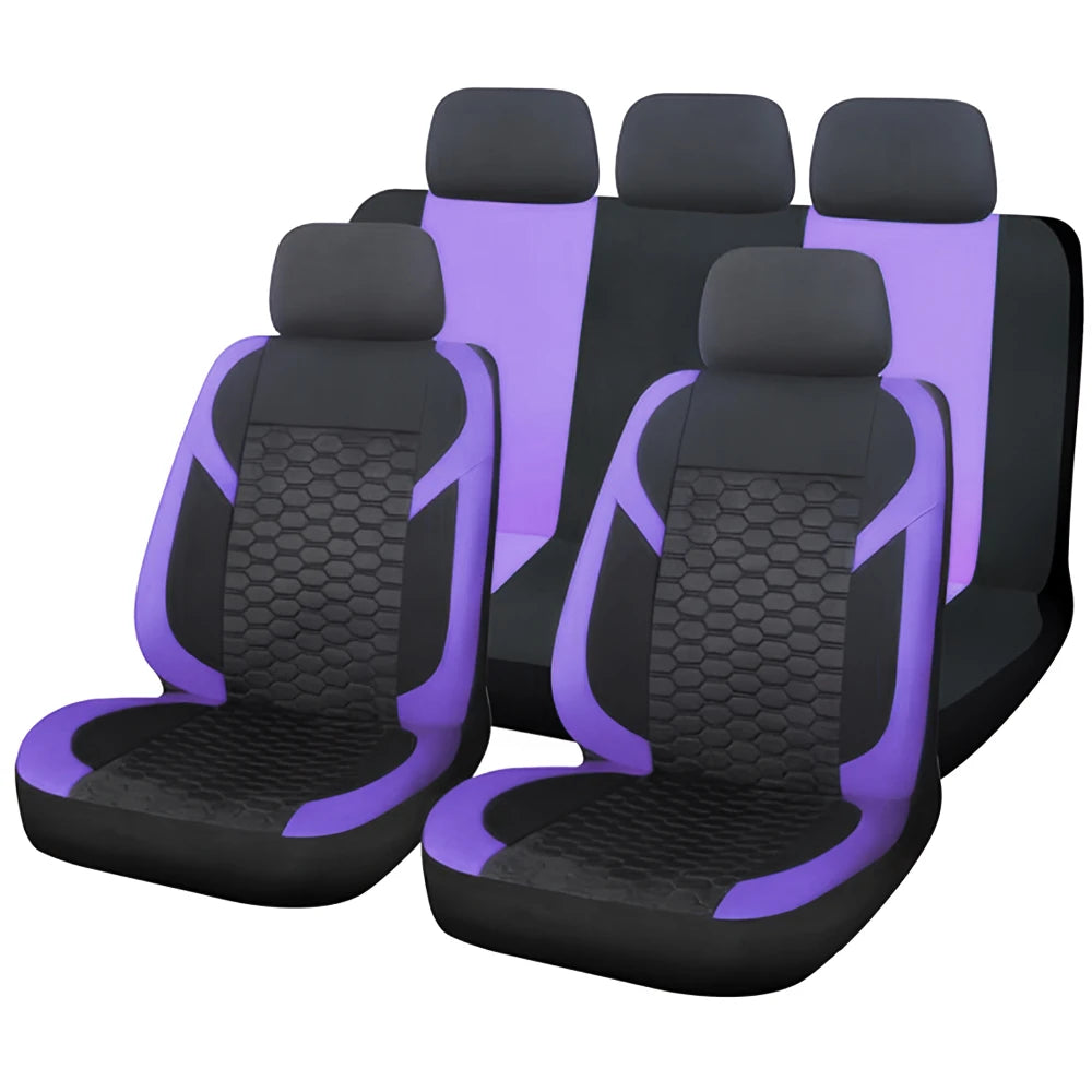 A set of black and purple universal honeycomb mesh car seat covers.