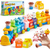 A colorful toy train featuring farm animals and numbers for counting and matching