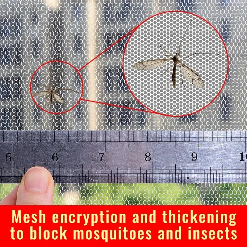 A close-up view of a mesh screen with an insect inside, measured against a ruler.