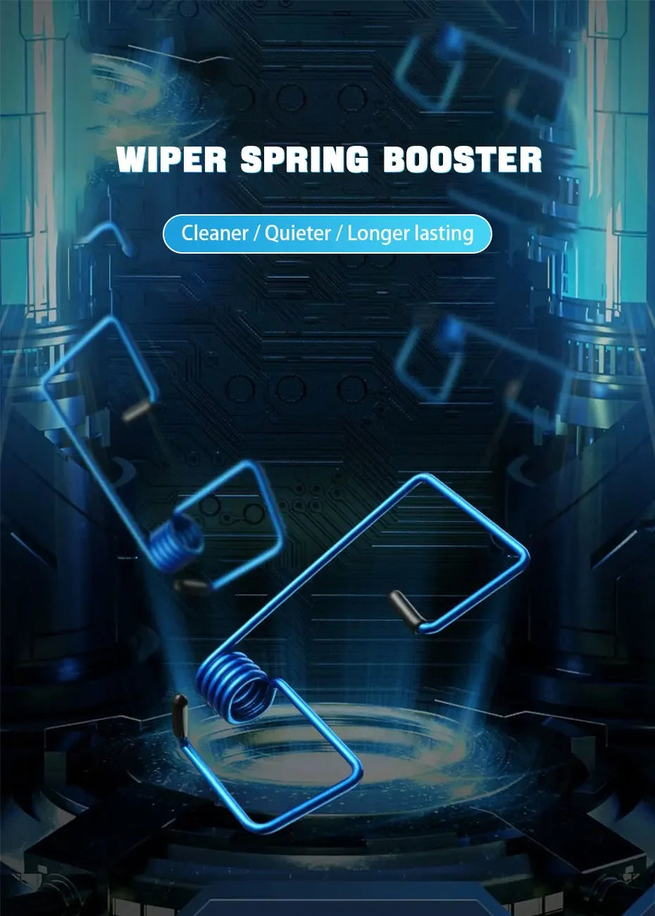 A close-up view of a wiper spring booster mechanism with blue light emanating from it, set against a dark, futuristic backgro