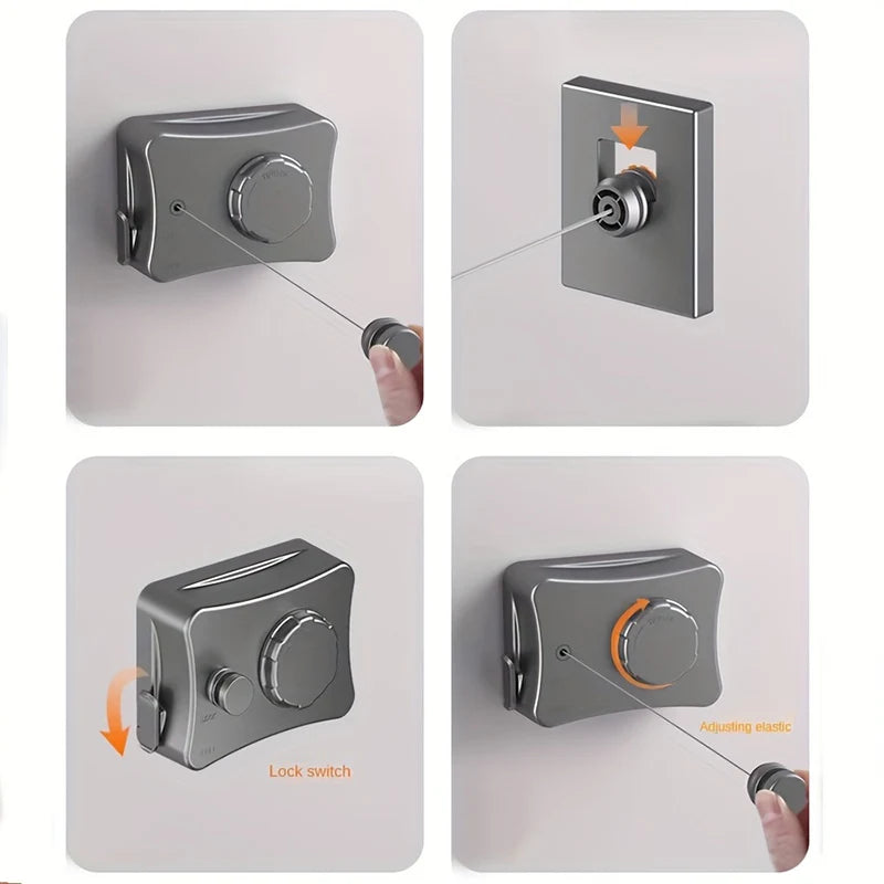 A stainless steel clothesline with a lock switch and an adjusting elastic is shown in various angles.