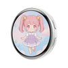 A round digital badge featuring an anime girl with pink hair and a purple dress against a light blue background.