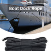 A bundle of black double braid nylon boat dock rope lying on a surface.