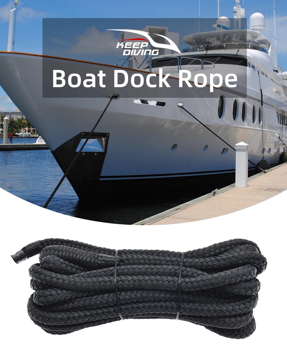A bundle of black double braid nylon boat dock rope lying on a surface.