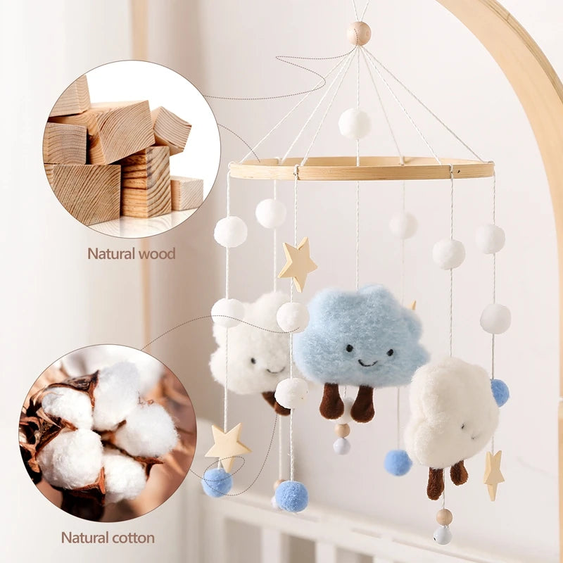 Wooden and Felt Crib Mobile with Cloud and Star Rattles