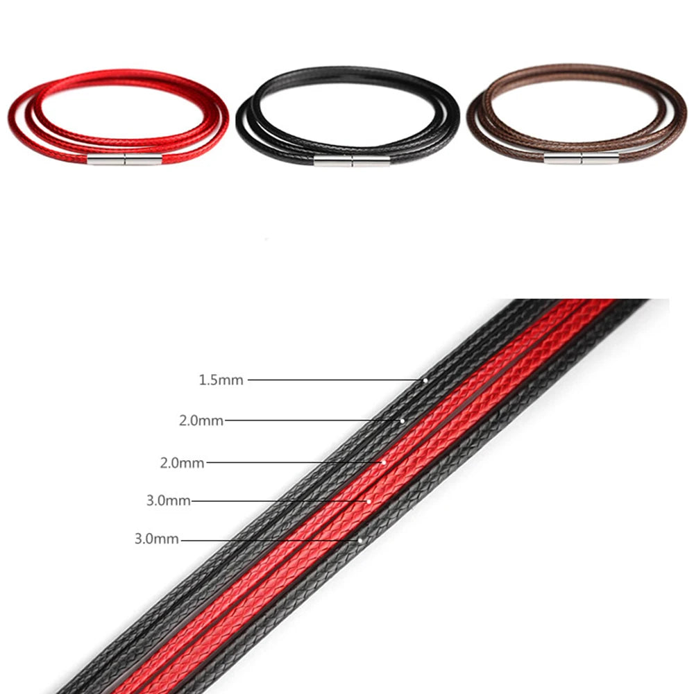 Three black waxed cord ropes of varying diameters are shown, with a close-up view of the red and black cord texture.