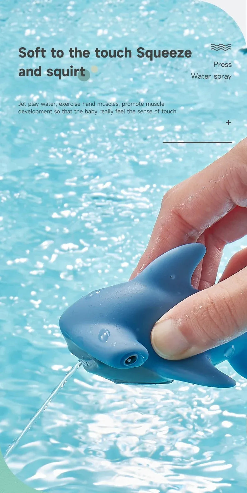 A hand is squeezing a blue turtle and shark floating bath toy, which is spraying water.