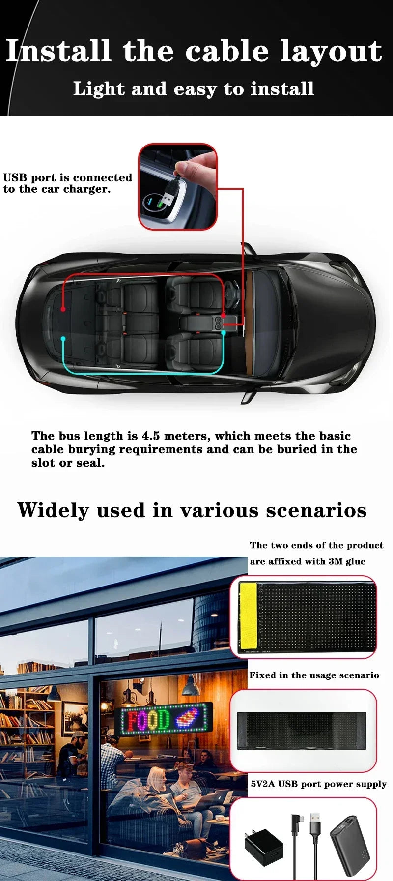 A flexible USB LED matrix display is shown being installed in a car charger slot.
