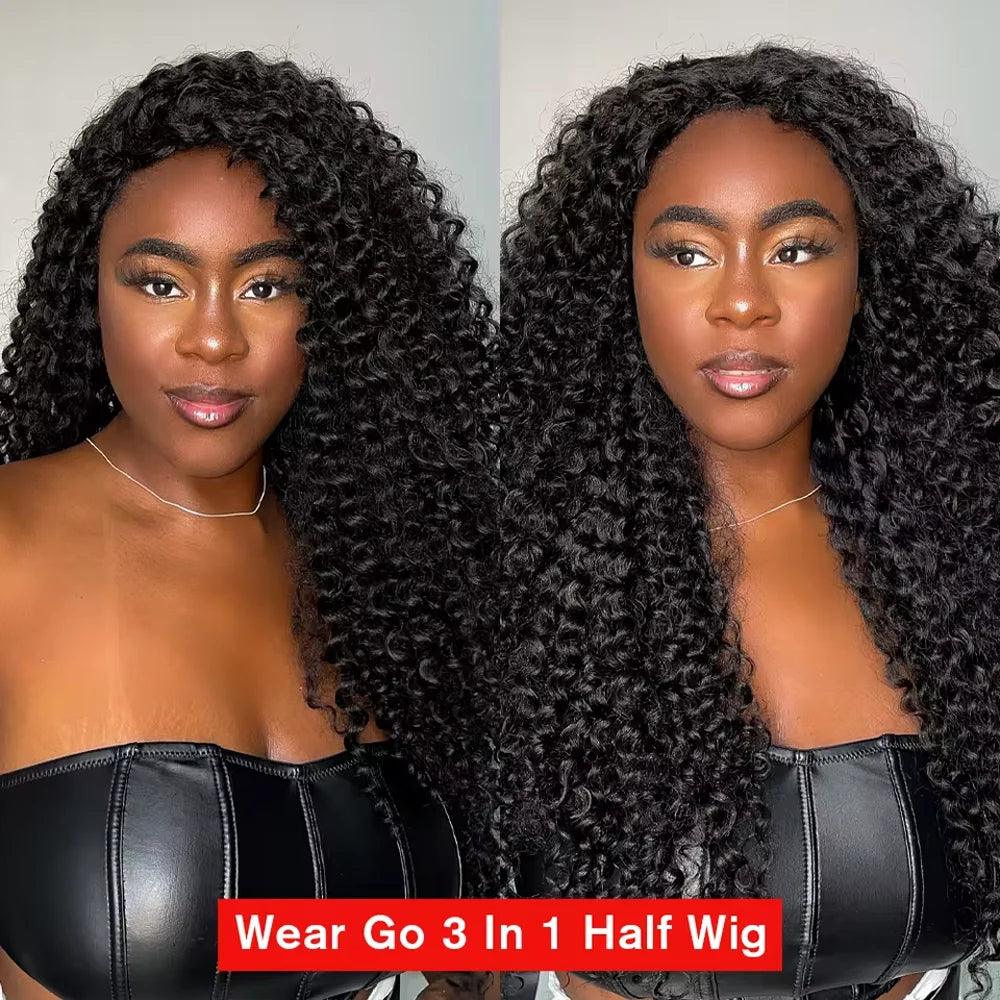 A model showcases a black kinky curly human hair half wig with a drawstring.