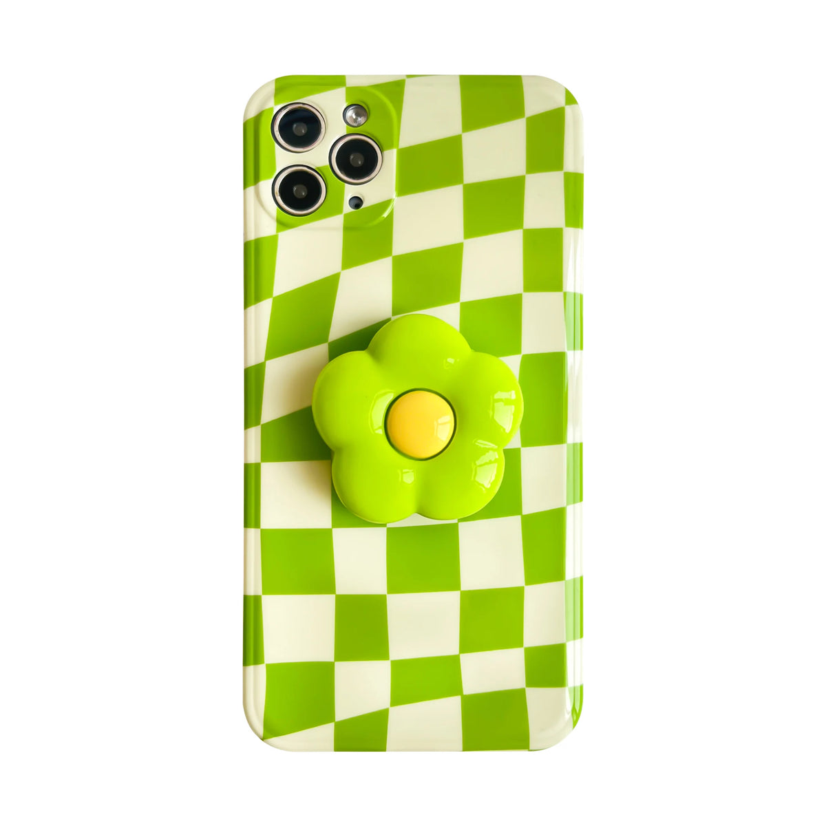 A lime green and white checkered phone case featuring a yellow flower design.
