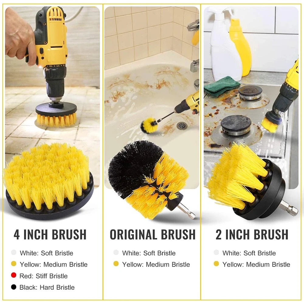 A set of drill brushes in yellow, black, and white bristles with various sizes and extensions for cleaning.