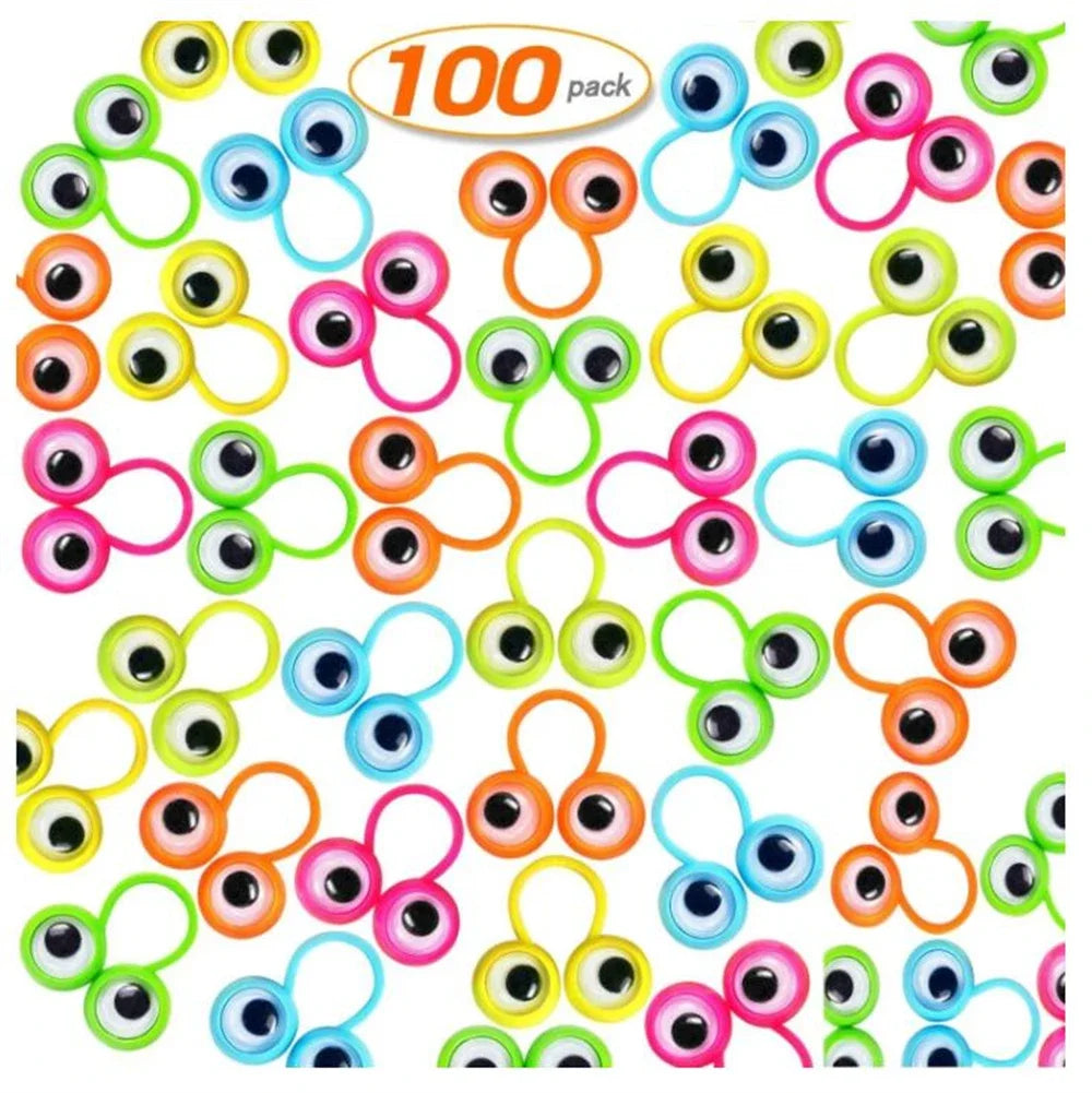 A collection of 100 colorful eye finger puppet rings for kids party favors
