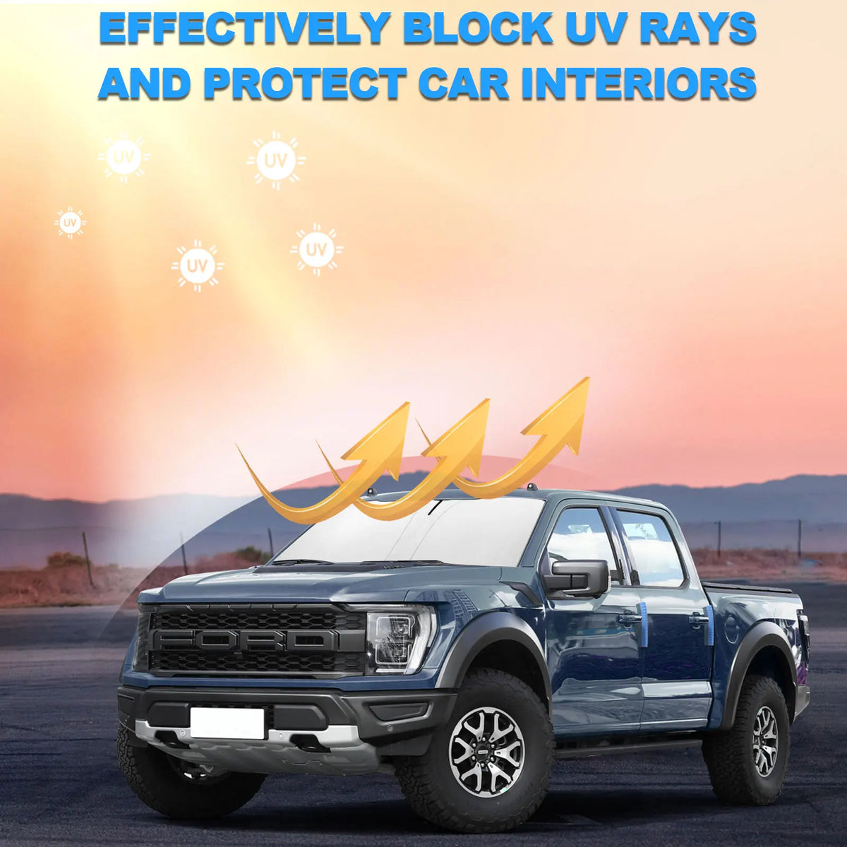 A dark blue Ford F150 pickup truck is shown with a sunshade being applied to the windshield for UV protection.