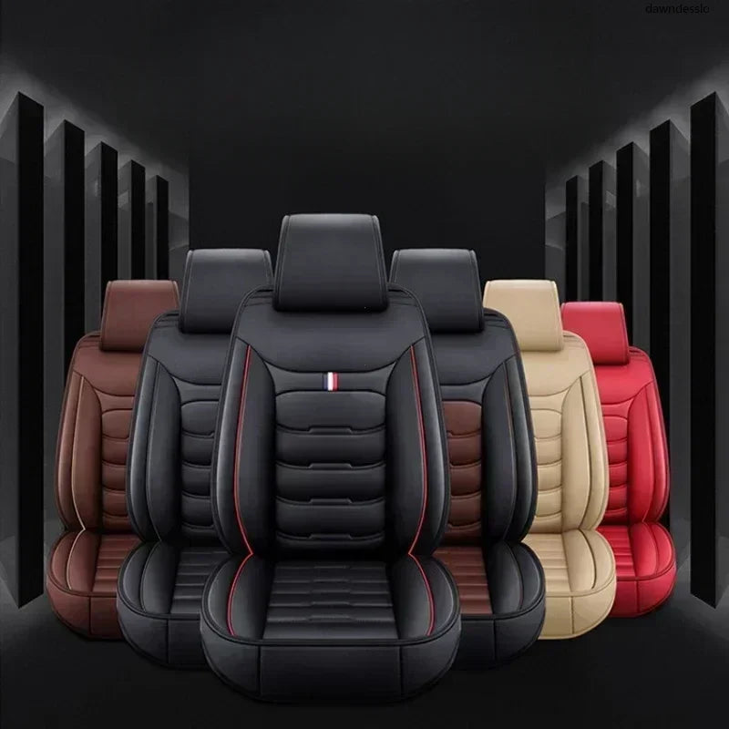 A set of black and tan PU leather car seat covers displayed against a dark background.
