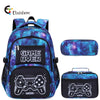 A blue and purple patterned backpack set including a lunch bag and pencil case with a Game Over design