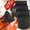 Black faucet insulation covers and a red anti-freeze protector tool are shown against a snowy background.