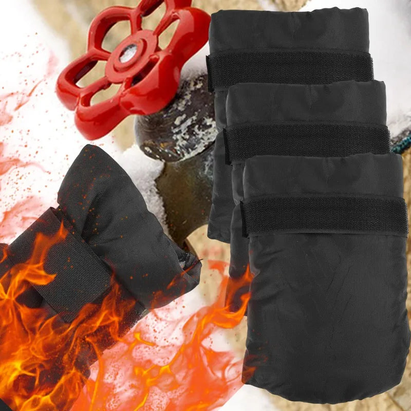 Black faucet insulation covers and a red anti-freeze protector tool are shown against a snowy background.
