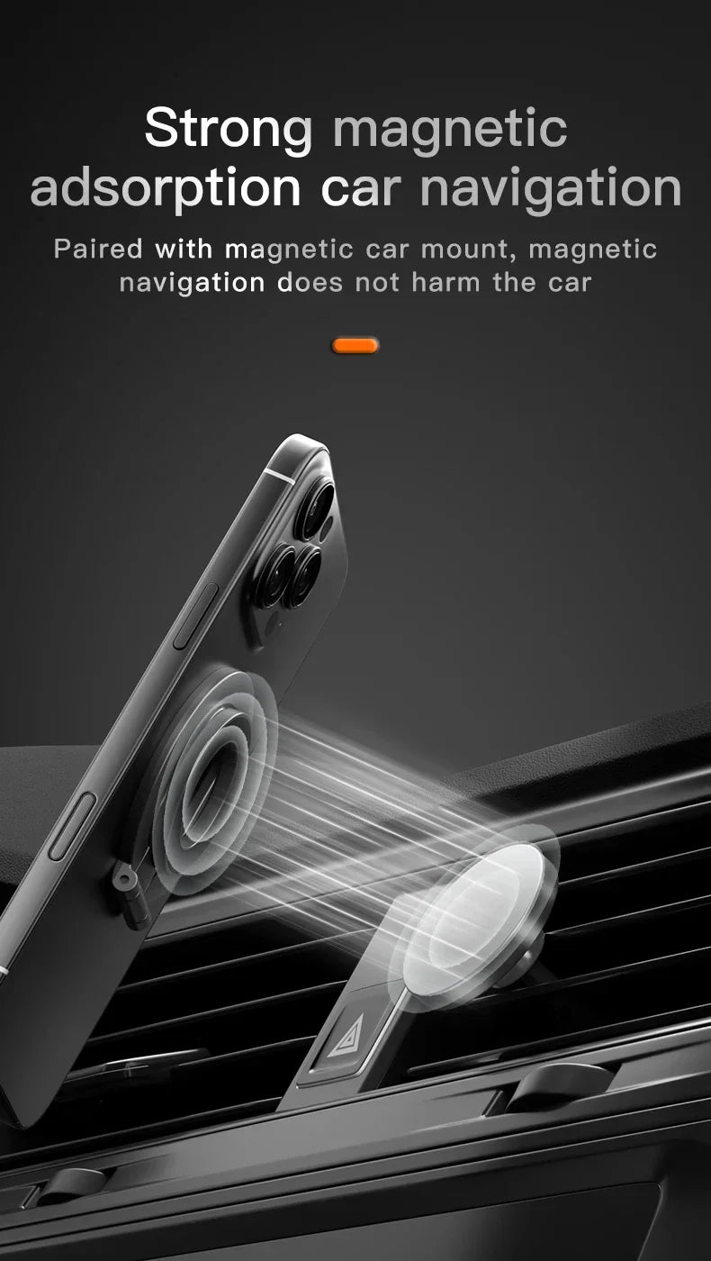 A magnetic phone ring holder and kickstand is shown mounted on a car grille.