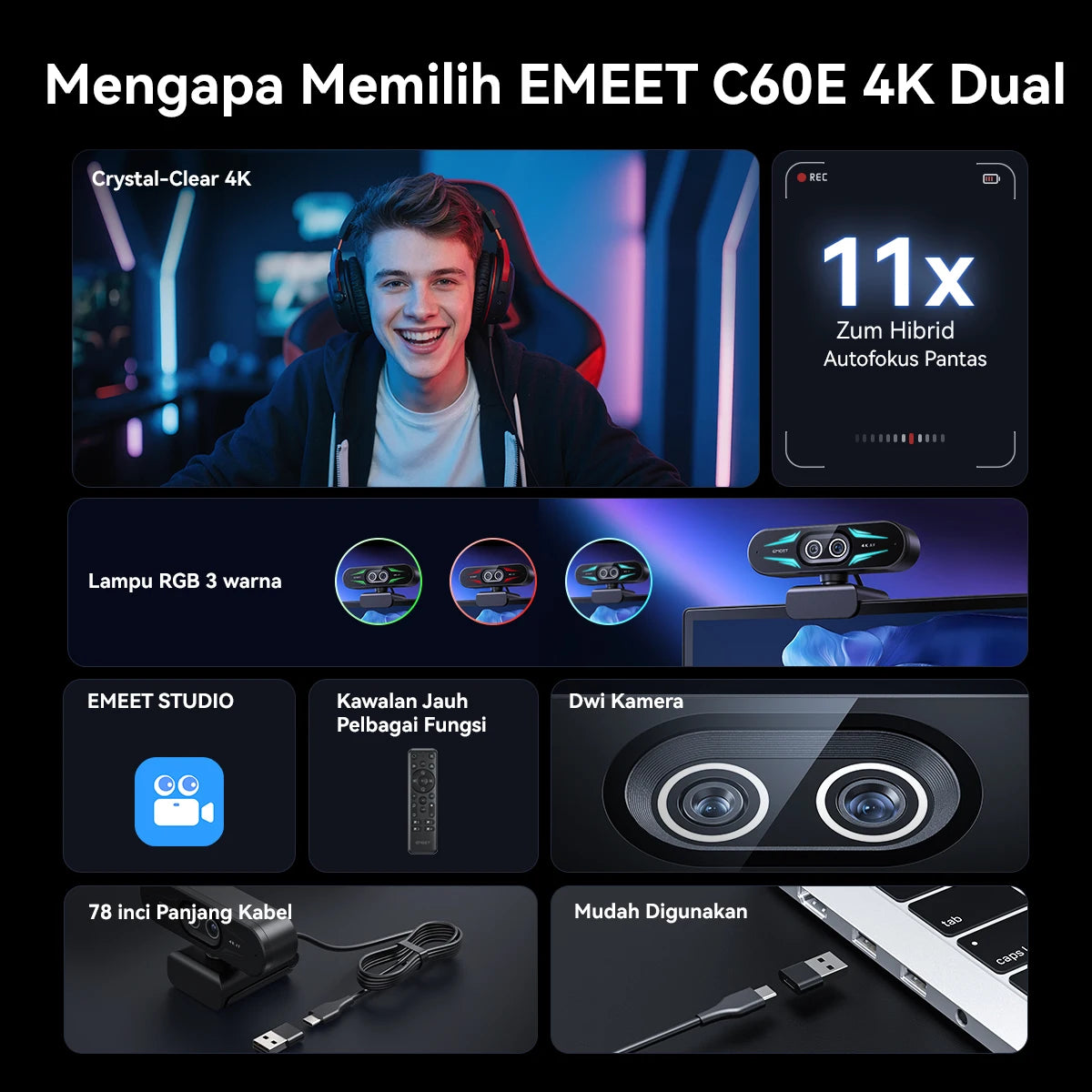 EMEET C60E 4K Dual-Camera Webcam with RGB Lighting
